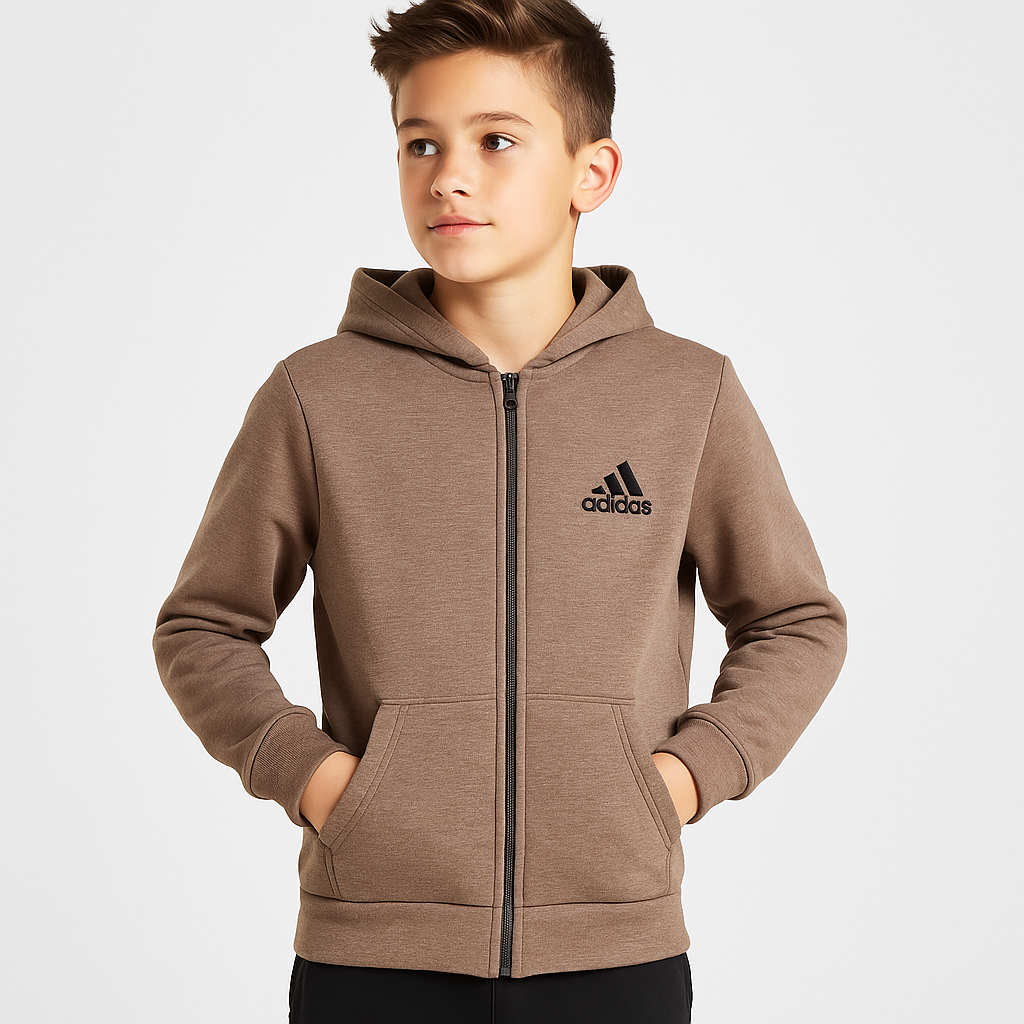 1755 - Ads Baskılı Kapüşonlu Üç İp Unisex Çocuk Hırkası - Kahve