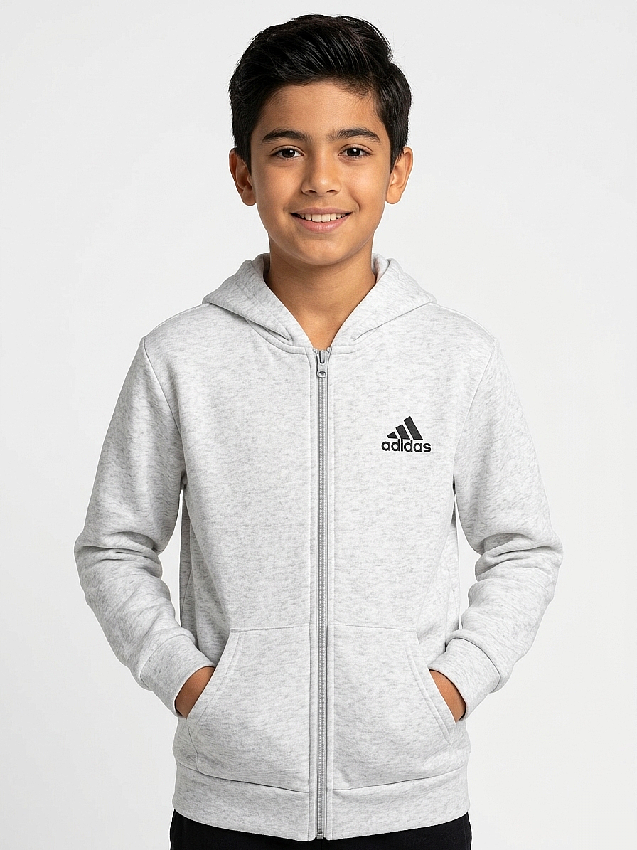 1755 - Ads Baskılı Kapüşonlu Üç İp Unisex Çocuk Hırkası - Gri