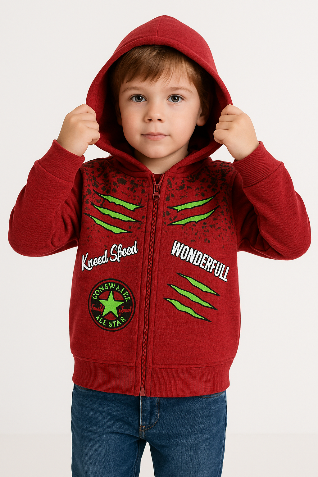 1759- Wonderfull Baskılı Kapüşonlu Erkek  Çocuk Hırkası - Kırmızı