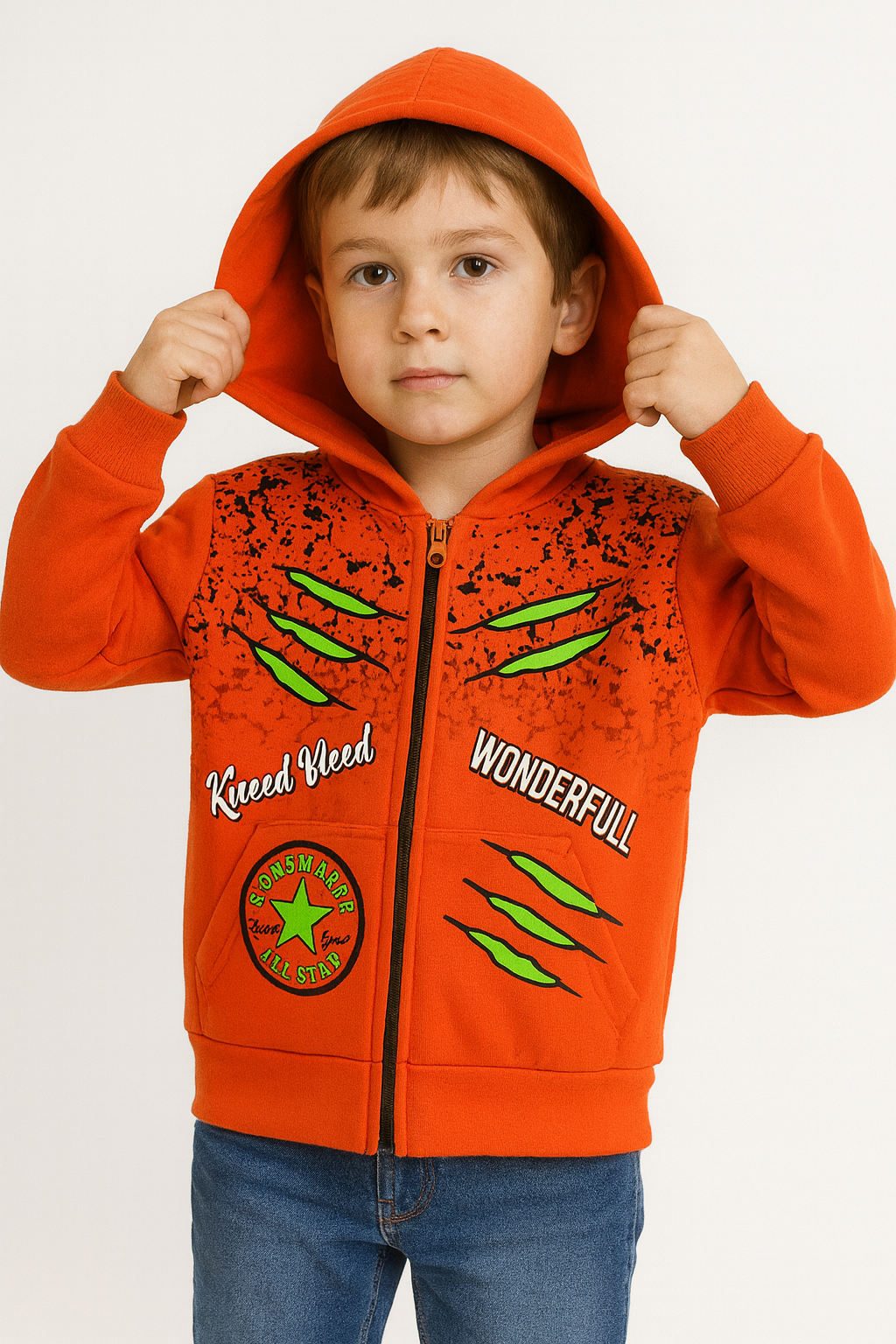 1759- Wonderfull Baskılı Kapüşonlu Erkek  Çocuk Hırkası - Turuncu