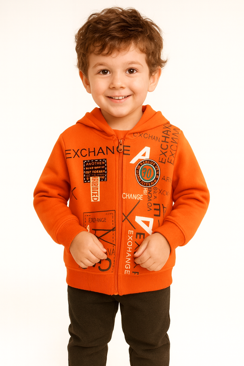 1761 - Exchane  Baskılı Kapüşonlu Erkek Çocuk Hırkası - Turuncu