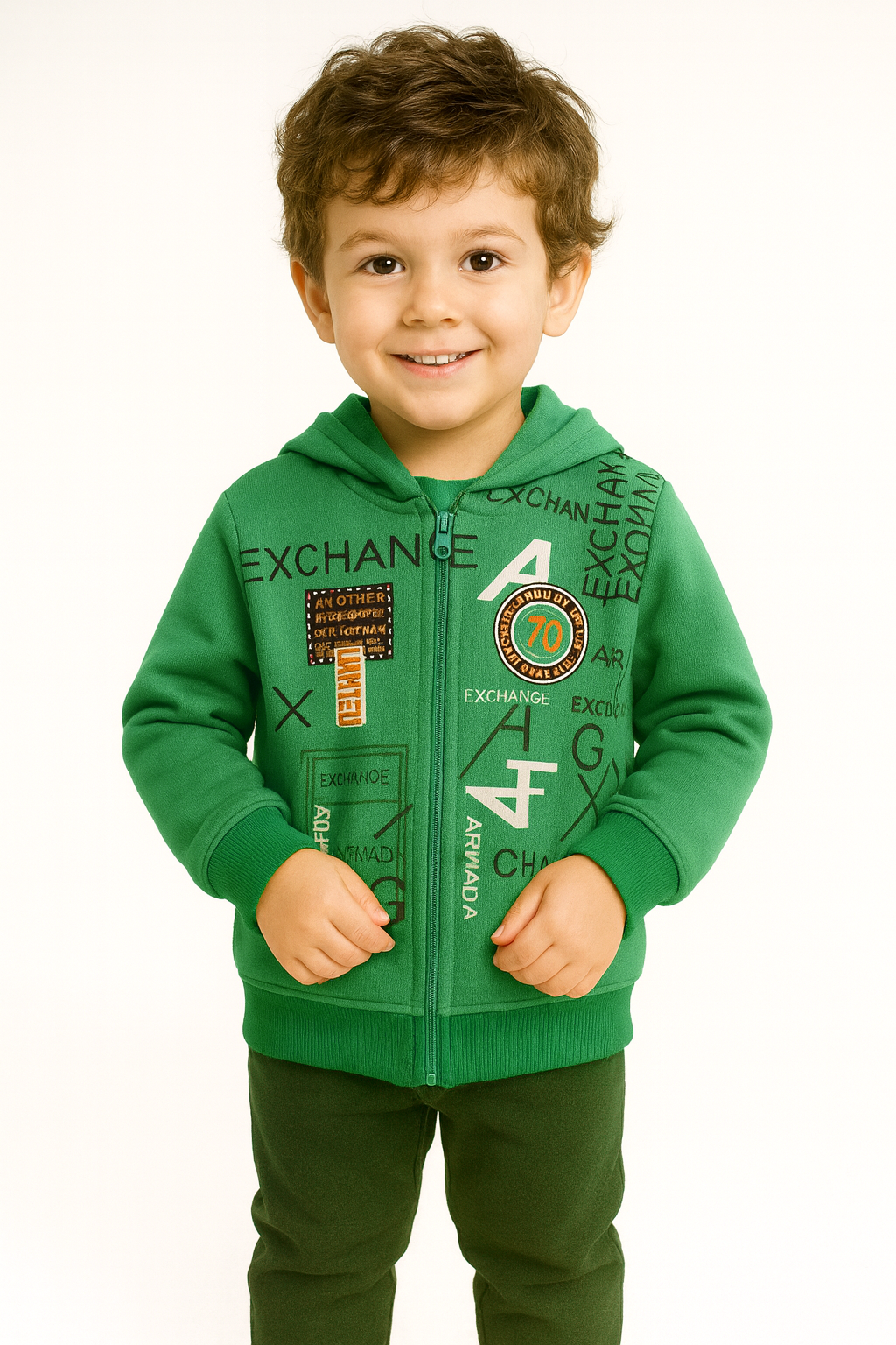 1762- Exchane Baskılı Kapüşonlu Erkek  Çocuk Hırkası - Yeşil