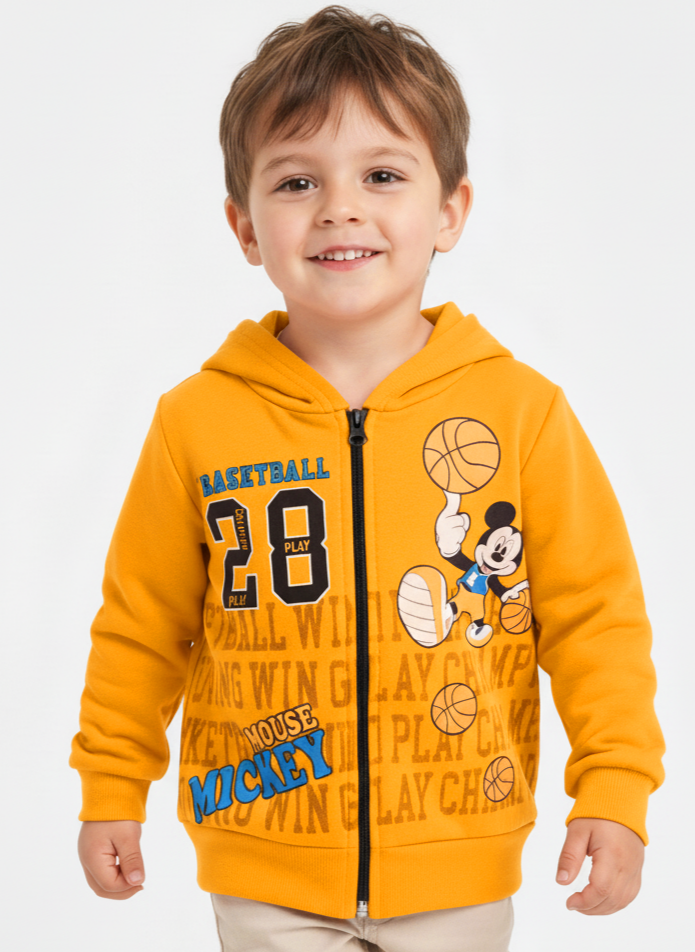 1762- Karakter Baskılı Kapüşonlu Erkek  Çocuk Hırkası - Sarı