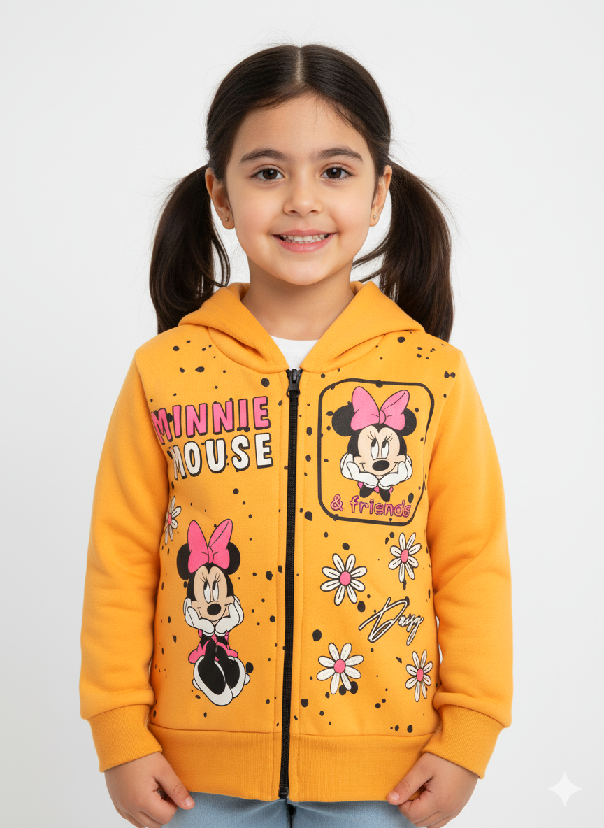 1763- Karakter Baskılı Kapüşonlu Kız Çocuk Hırkası -Sarı