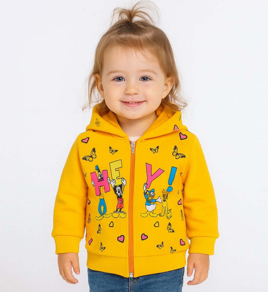 1765 - Karakter Baskılı Kapüşonlu Kız Çocuk Hırkası - Sarı