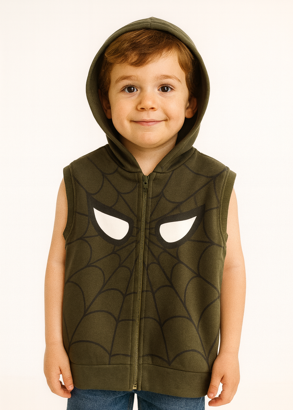 1768 - Örümcek Baskılı Kapüşonlu Erkek Yelek - Haki