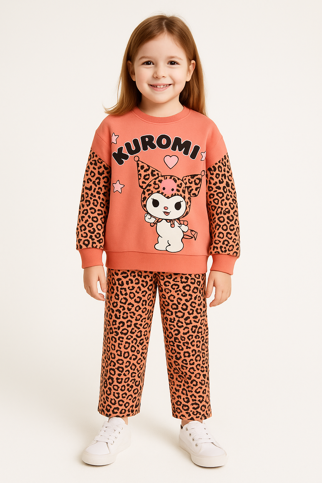 1770 -leopar desen karakter baskılı kız çocuk takımı - Somon