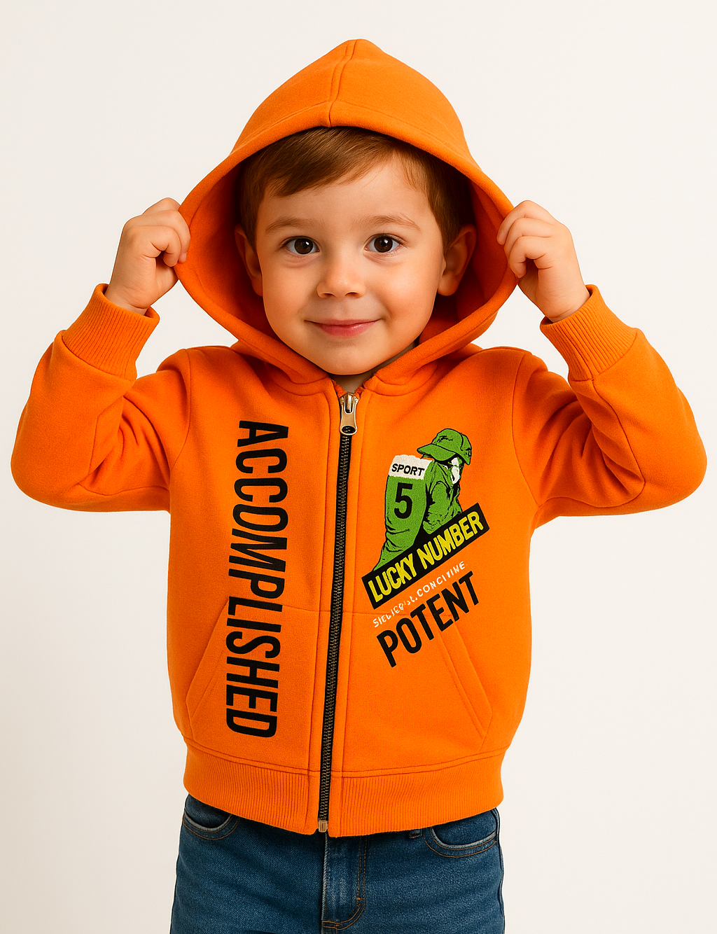 1784- Şapkalı Adam Baskılı Kapüşonlu Erkek  Çocuk Hırkası - Turuncu