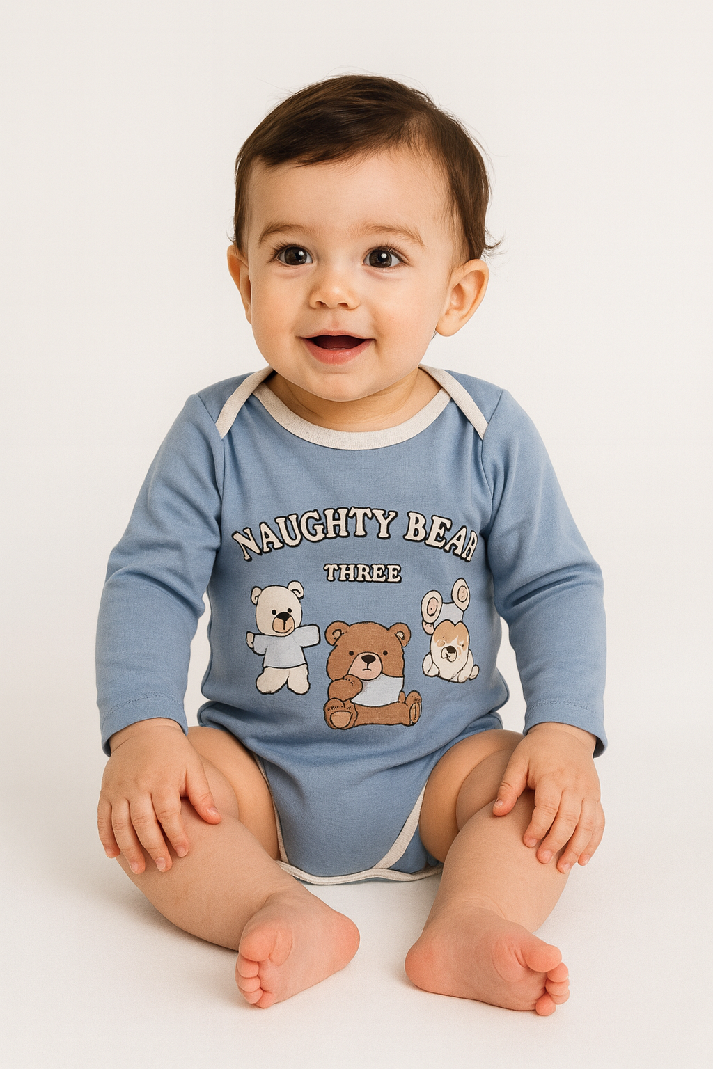 1856 - Naughty Bear Baskılı  Erkek Bebek Çıtçıtlı Body - Buz mavisi