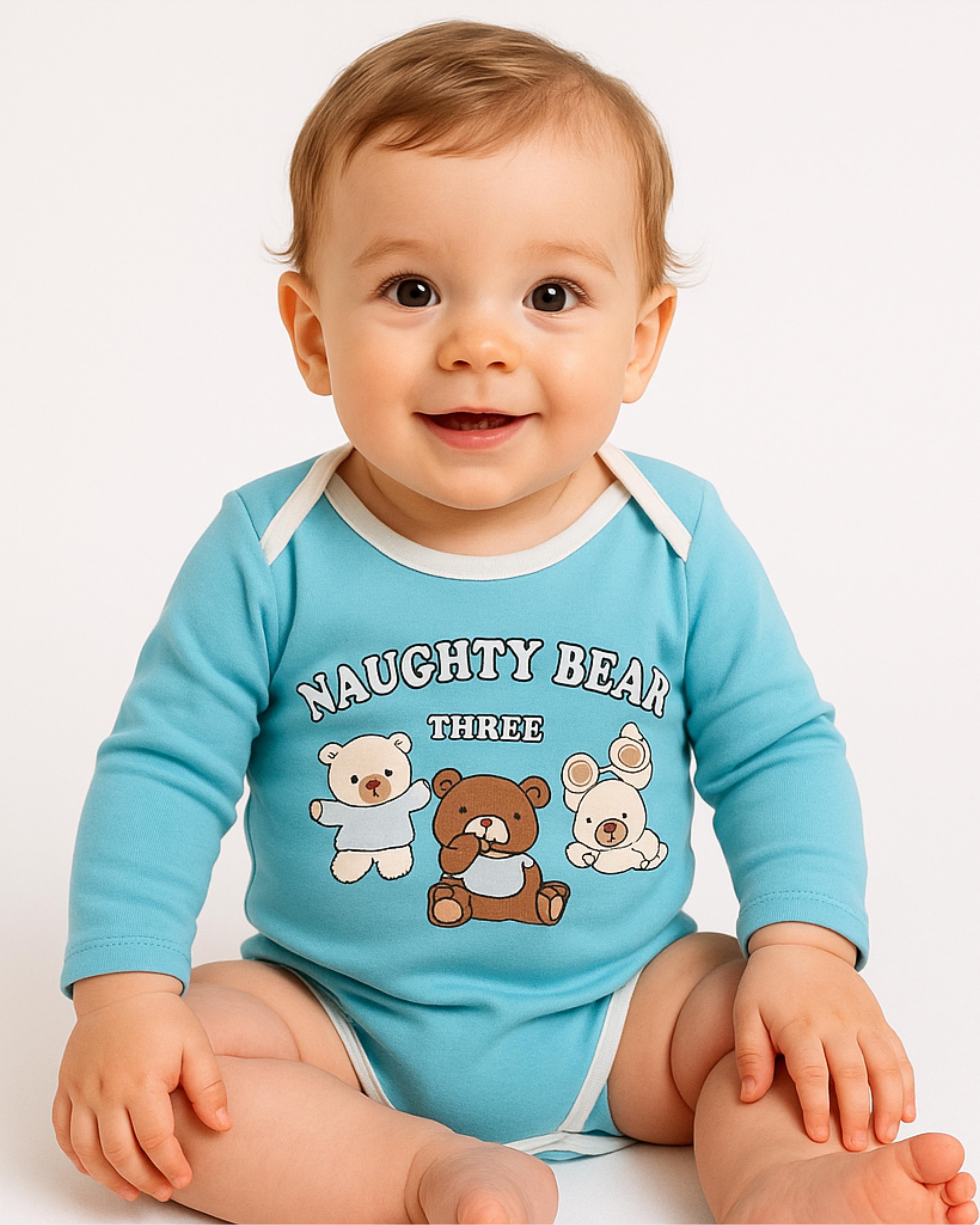 1856 - Naughty Bear Baskılı  Erkek Bebek Çıtçıtlı Body - Mavi