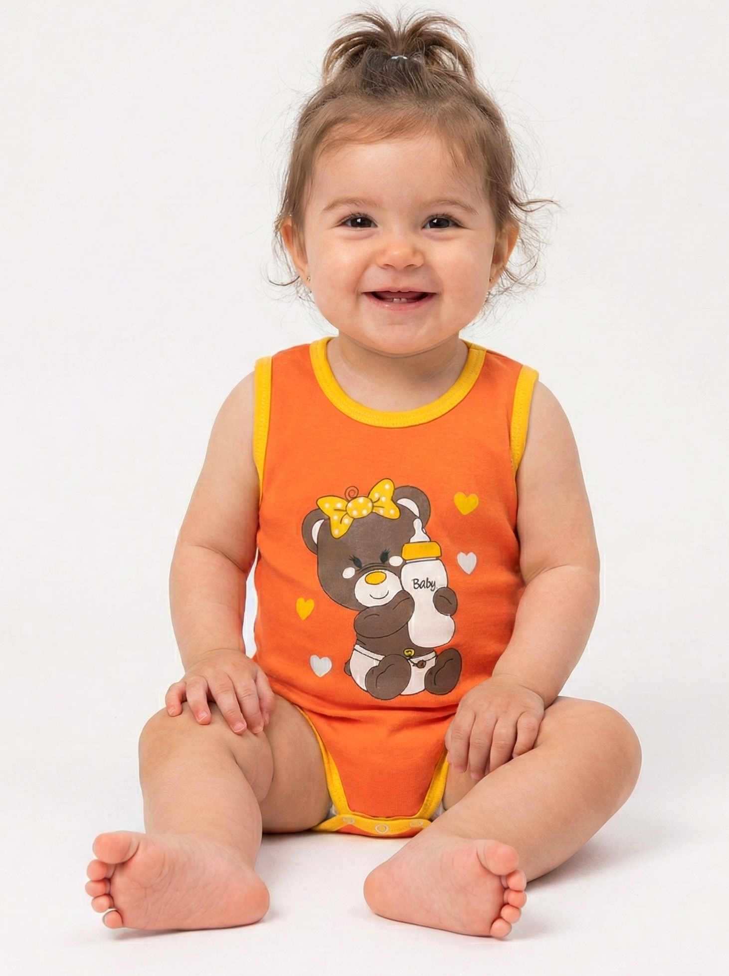 1858 - Kurdeleli Ayıcık Baskılı  Kız  Bebek Çıtçıtlı Body - Turuncu