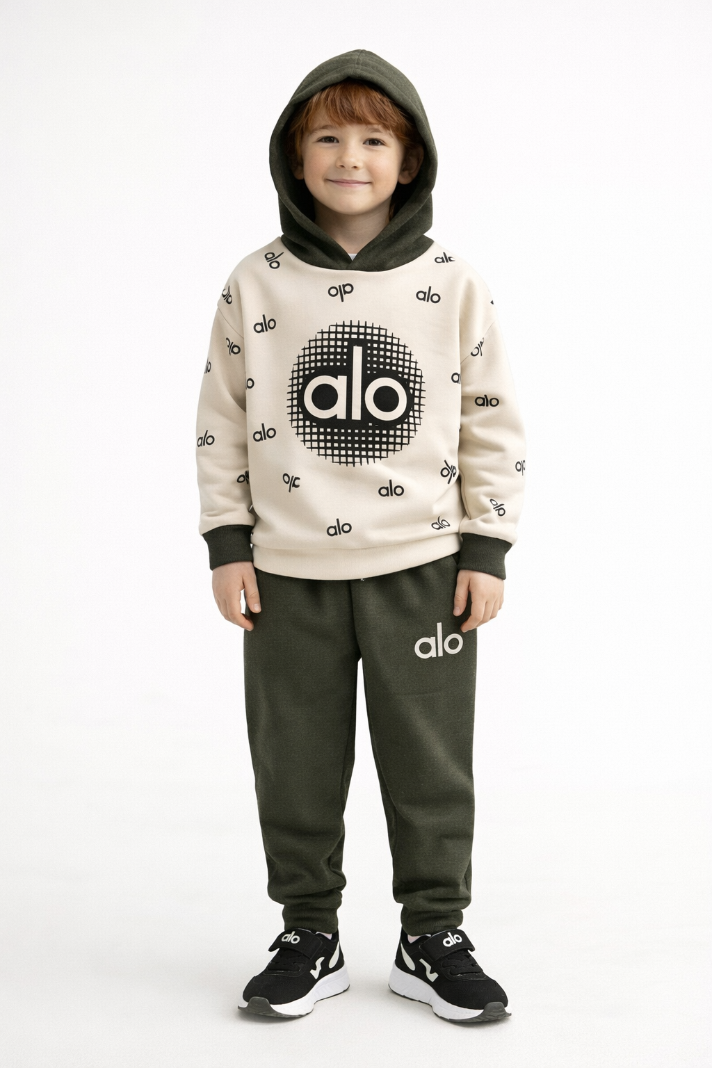1918 - Kapüşonlu Baskılı Erkek Çocuk Takım - Haki - Krem