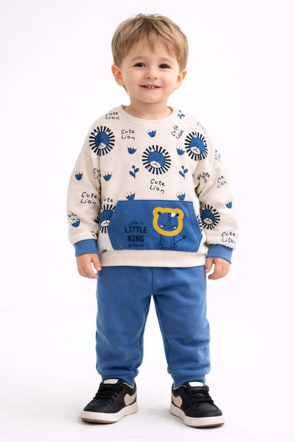 1923 - Aslan Baskılı Mevsimlik Erkek Çocuk Takım - Mavi - Beyaz