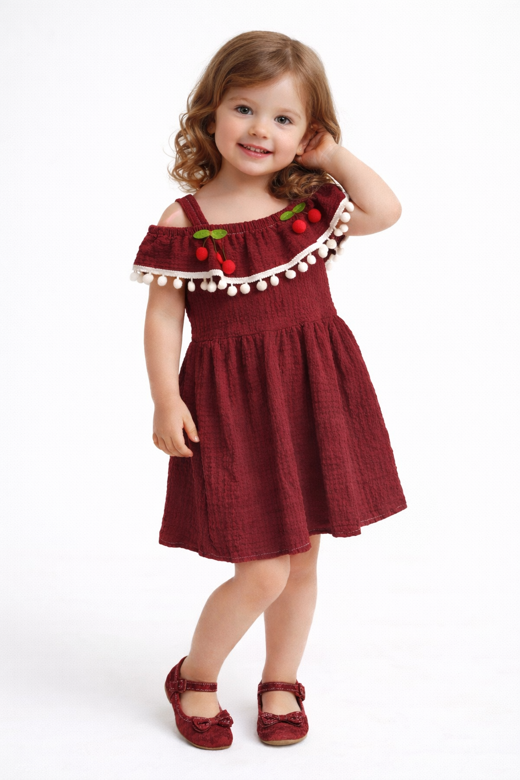 1937 - Kirazlı  Kız Elbise - Bordo