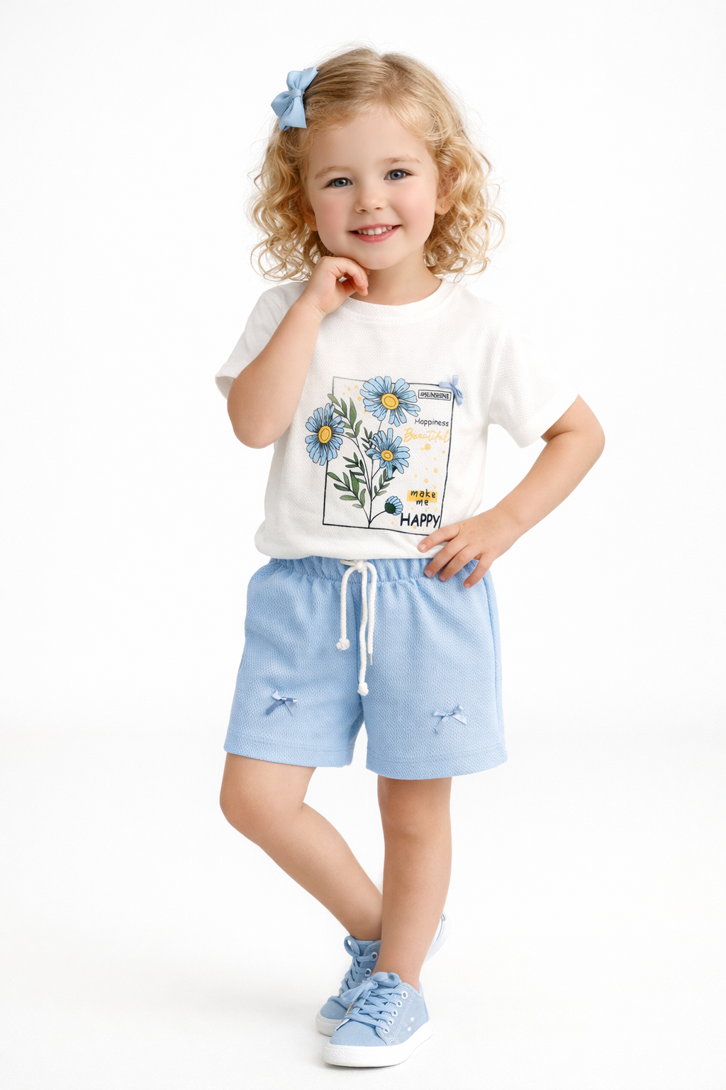 1942 - Çiçek Baskılı Petek Kumaş Kız Çocuk Takımı - Mavi