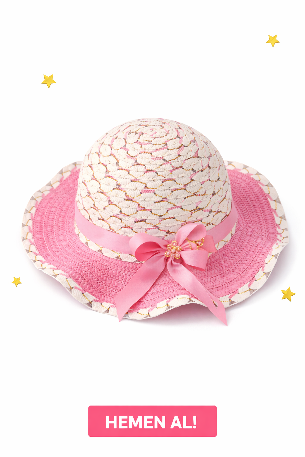 1960 - Kız Çocuk Hasır Şapka - Pembe Çiçek Detaylı