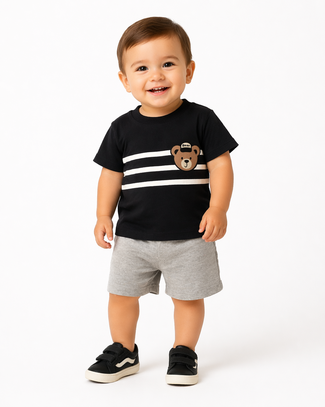 1979 -  Çizgili Ayıcık Baskılı Erkek Bebek Takım - Siyah
