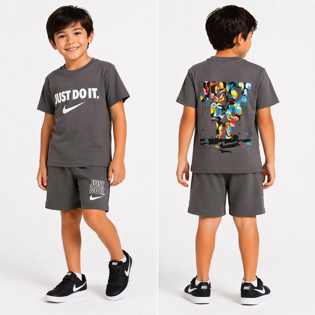 1990-  Önü ve Arkası Baskılı Şortlu Erkek Çocuk Takım - Füme