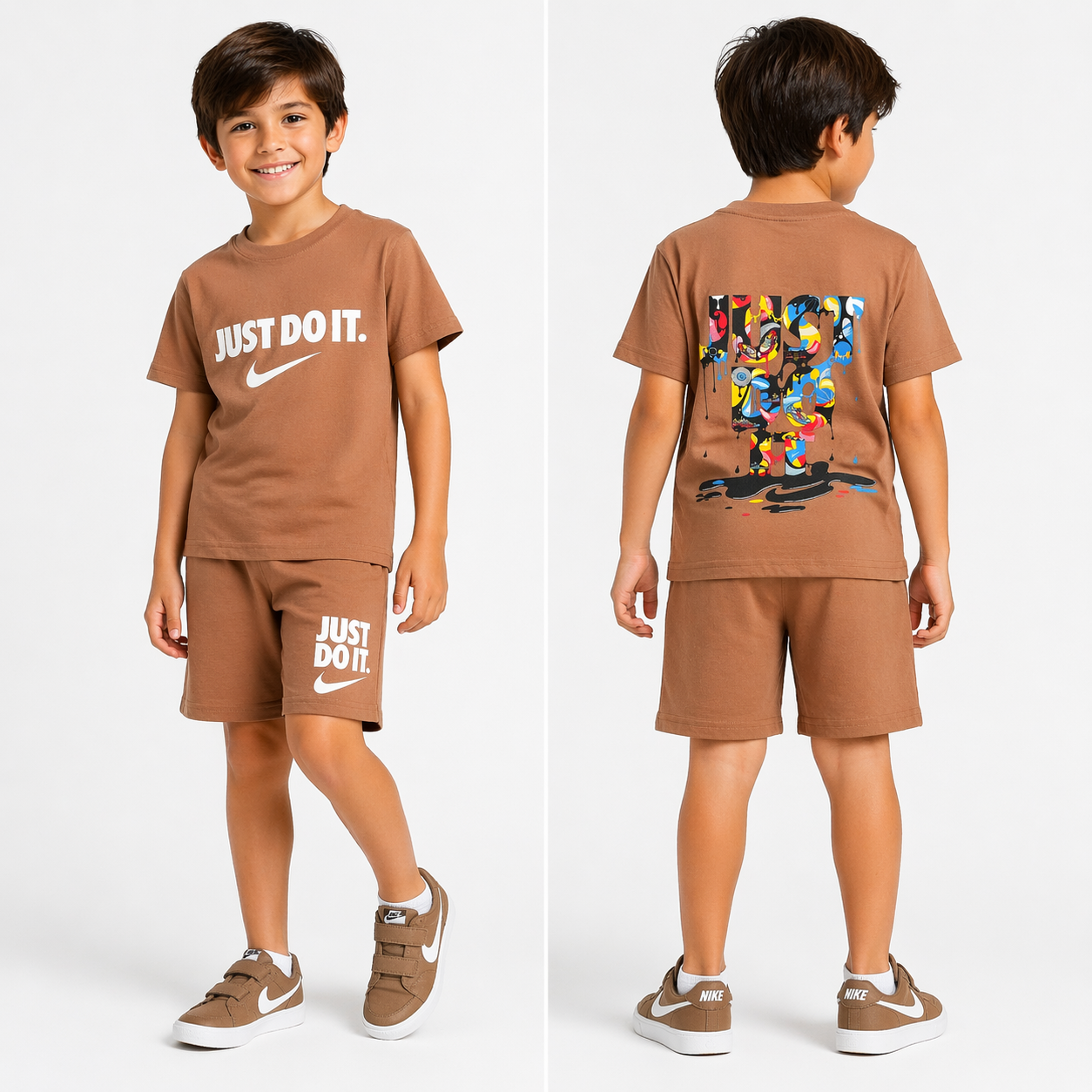 1990-  Önü ve Arkası Baskılı Şortlu Erkek Çocuk Takım - Kahve