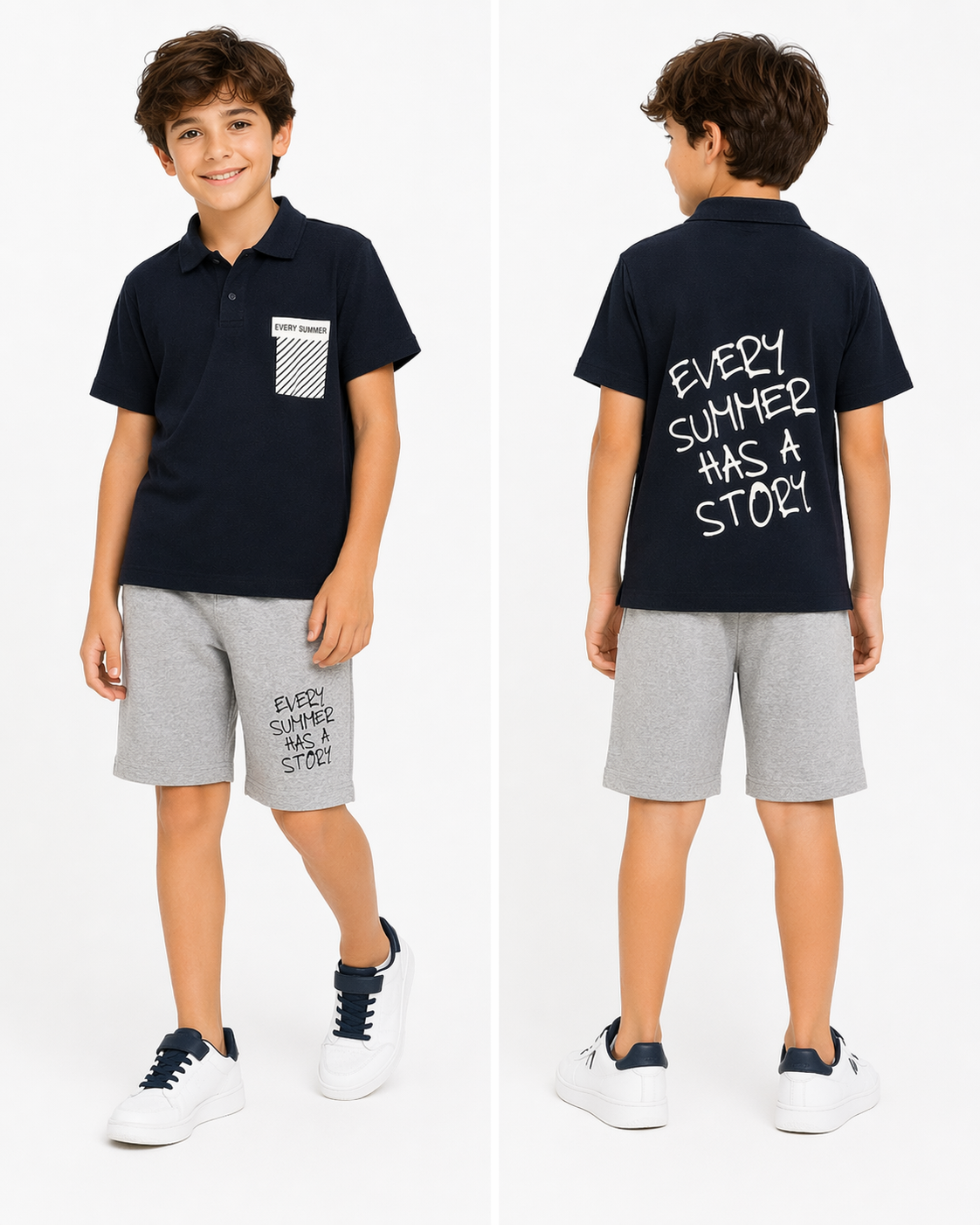 1991-  Every Summer Baskılı Yakalı ve Şortlu Erkek Çocuk Takımı - Lacivert