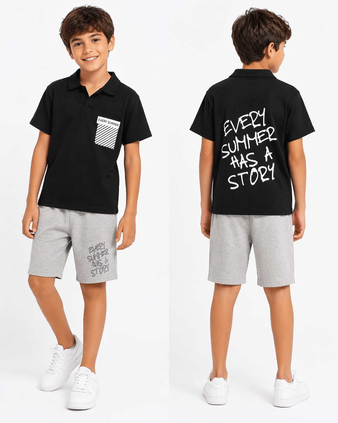 1991-  Every Summer Baskılı Yakalı ve Şortlu Erkek Çocuk Takımı - Siyah