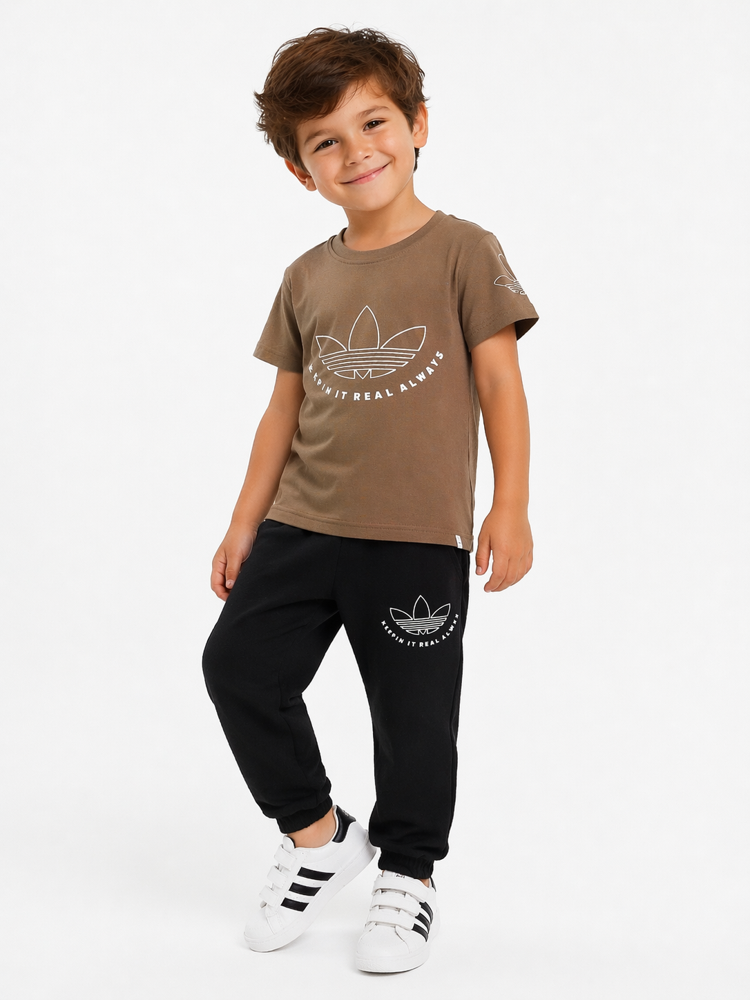 1994 - Tişörtü Baskılı Eşofman Altı Lastikli Yazlık Erkek  Çocuk Takımı - Vizon