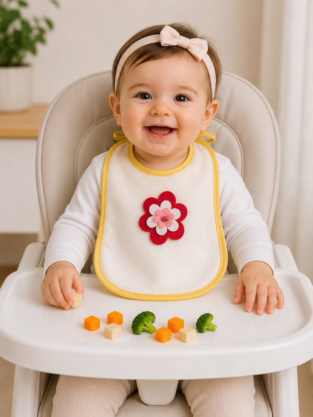 2048 - Kız Bebek Mama Önlüğü  - Çiçek Baskılı Sarı