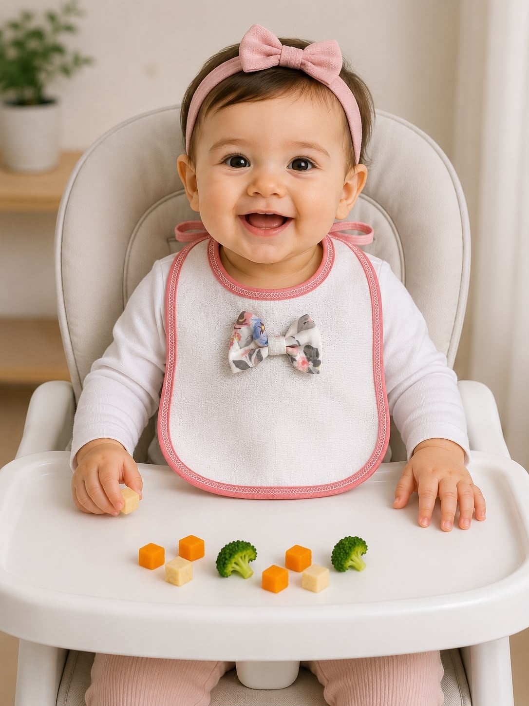 2048 - Kız Bebek Mama Önlüğü  - Fiyonk Baskılı Pembe