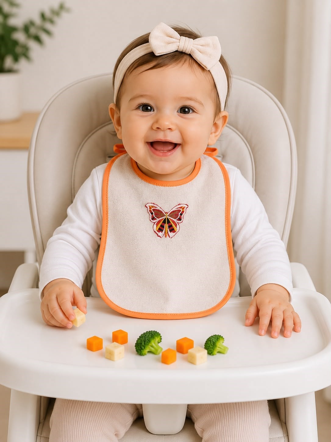 2048 - Kız Bebek Mama Önlüğü  - Kelebek Baskılı Turuncu