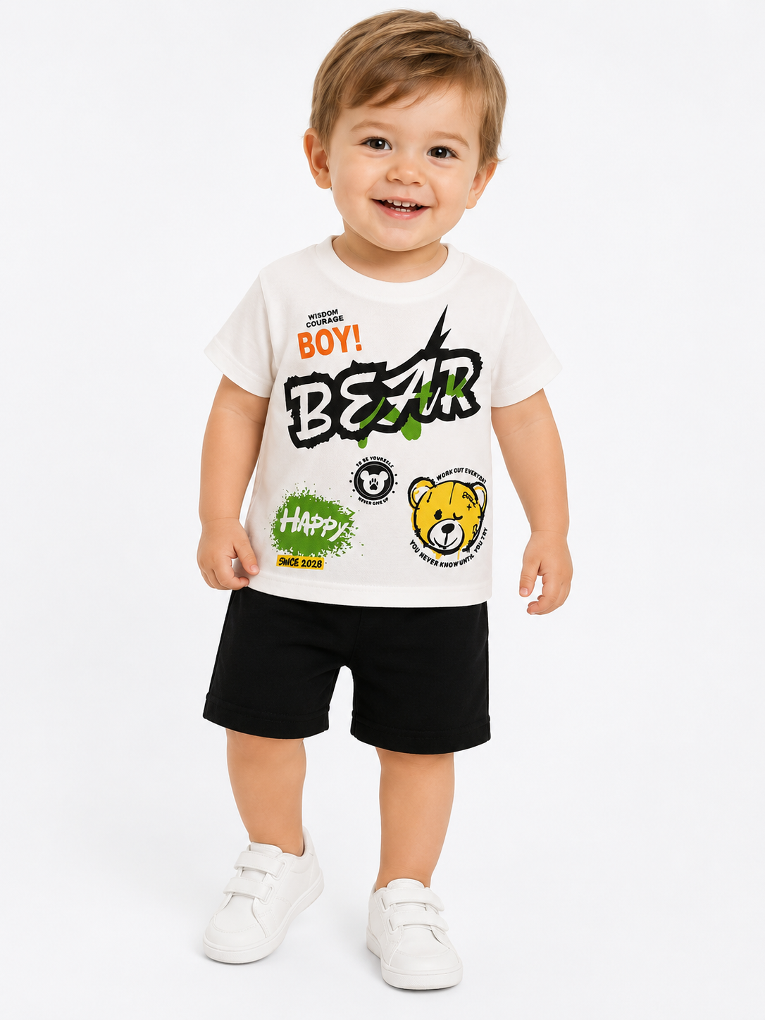 2102 -Bear Baskılı Erkek Bebek Takım - Krem -siyah