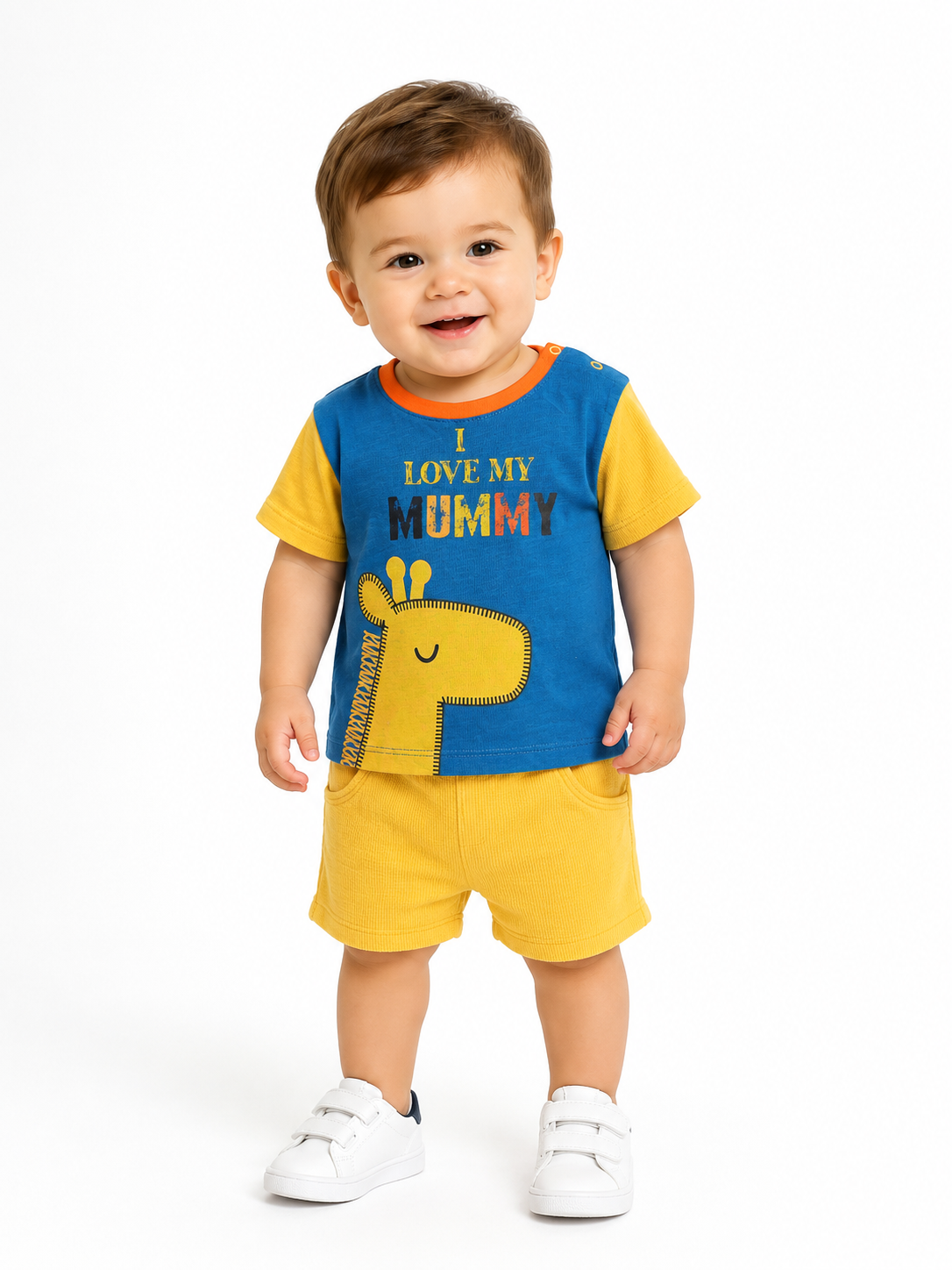 2109 - Love Mummy Baskılı  Erkek Bebek Takımı - Saks - Sarı 