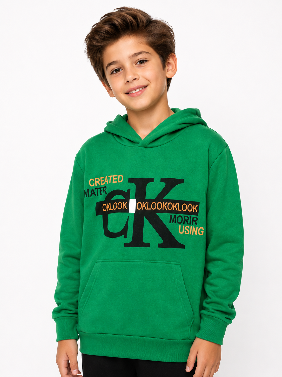 2119 - Baskılı Kapüşonlu Erkek Çocuk Sweatshirt - Yeşil