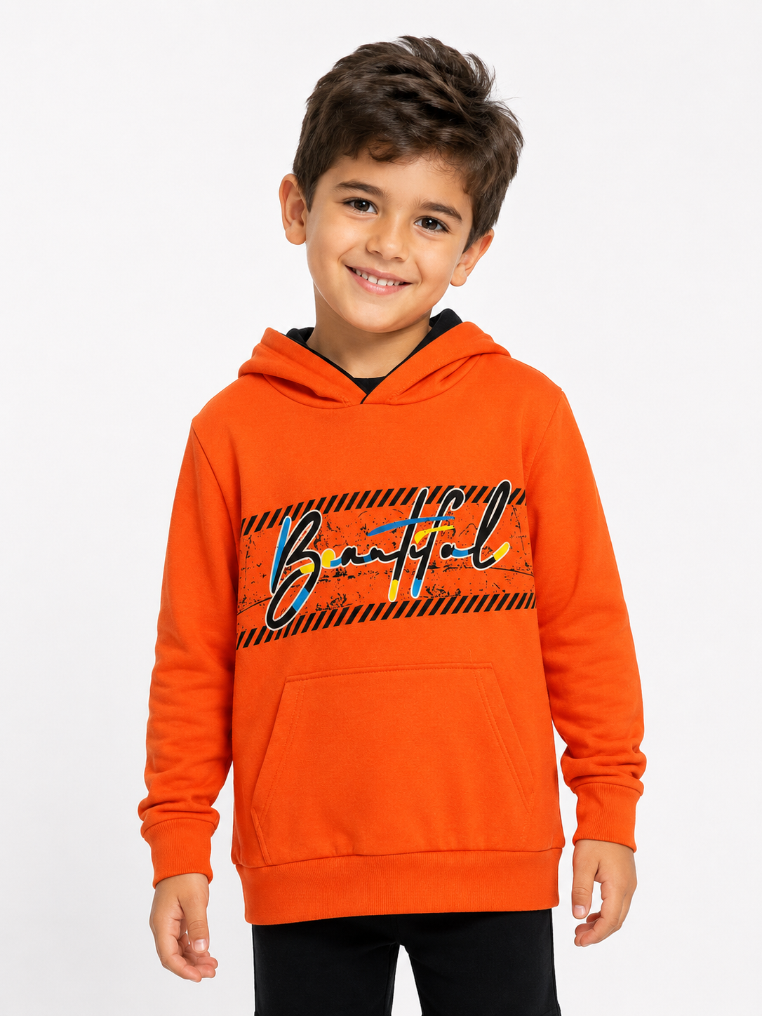 2120- Baskılı Kapüşonlu Erkek Çocuk Sweatshirt - Turuncu