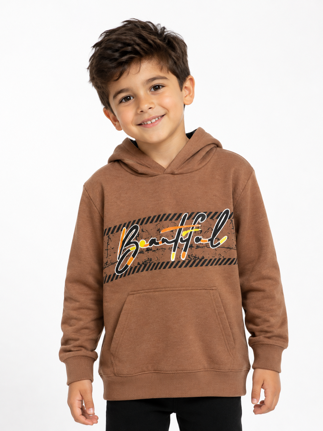 2120- Baskılı Kapüşonlu Erkek Çocuk Sweatshirt - Kahve