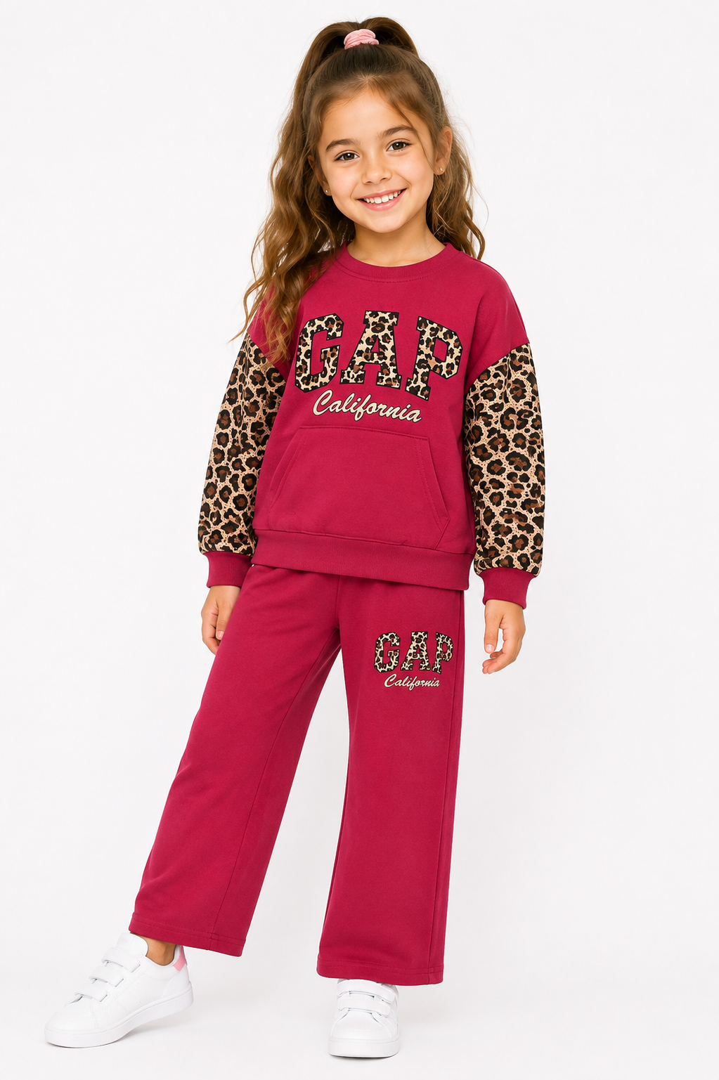 2122 - Kolları Leopar Baskılı Kız Çocuk Takım  - Mürdüm