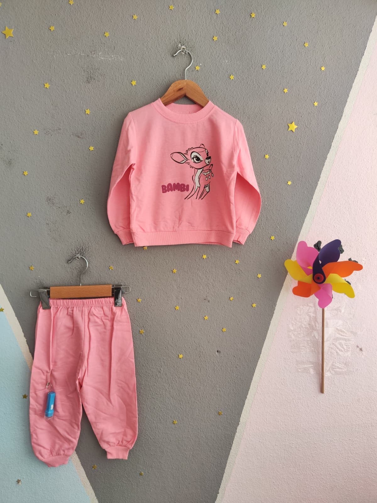 2133 - Baskılı Aksesuarlı Kız Çocuk Takımı - Pembe