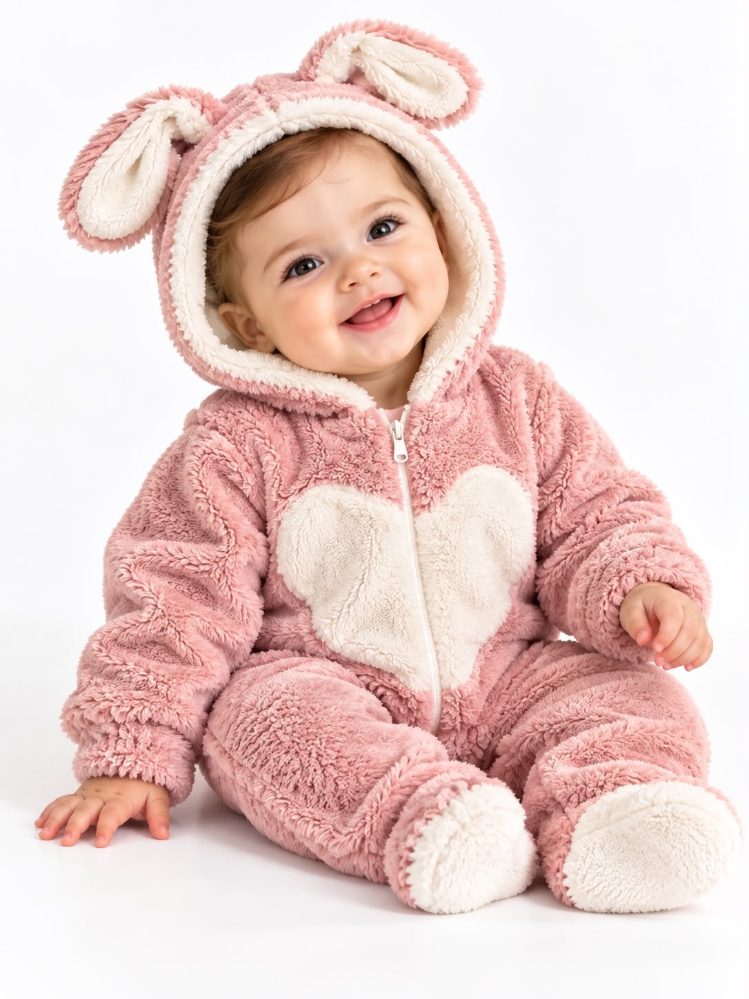 2142 -Kapüşonlu Peluş Kumaş Kız Bebek Tulumu - gül kurusu