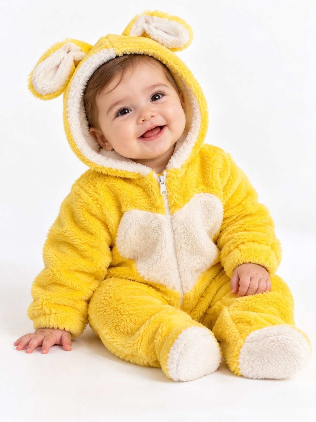 2142 -Kapüşonlu Peluş Kumaş Kız Bebek Tulumu - sarı