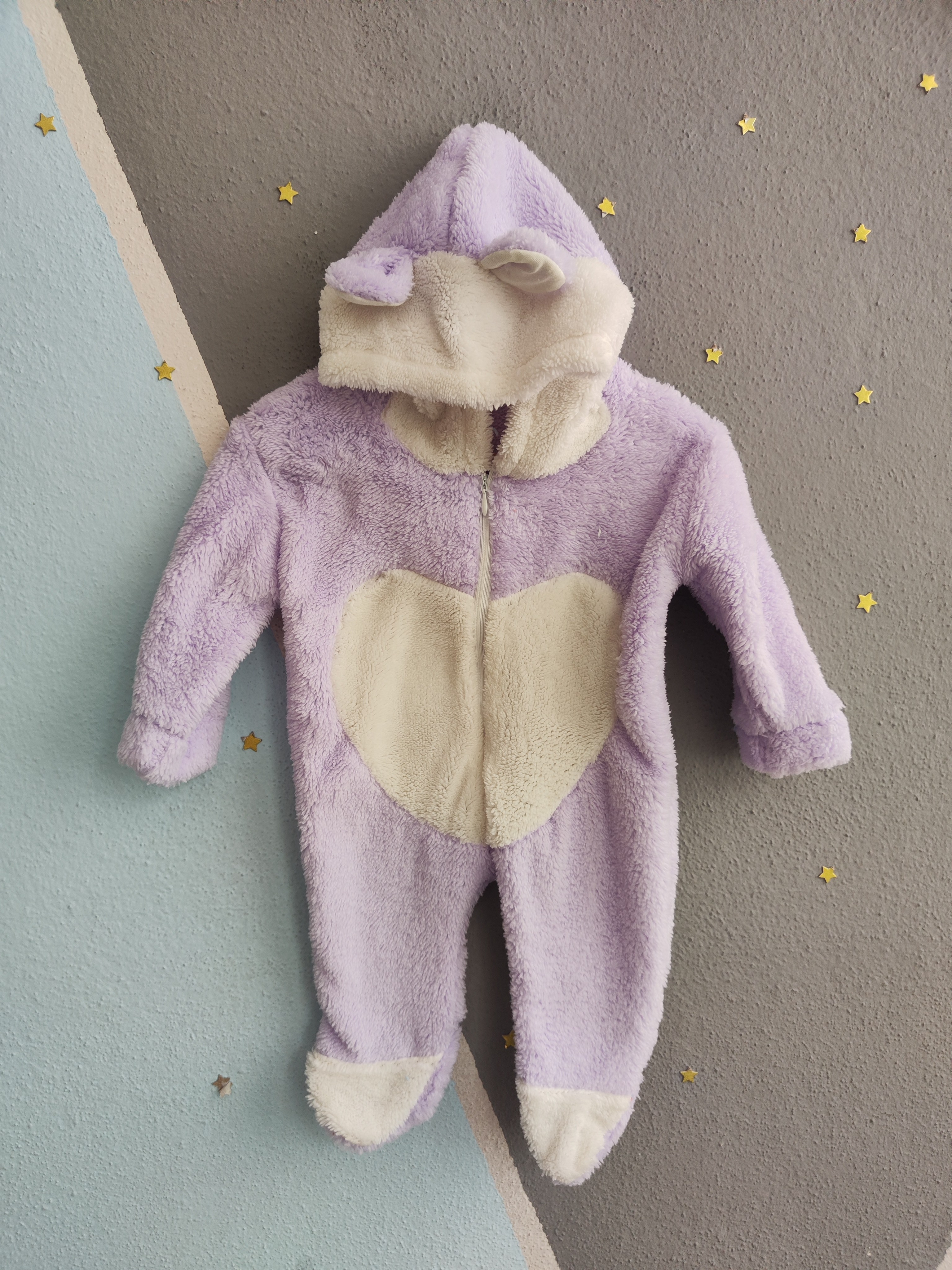 2142 -Kapüşonlu Peluş Kumaş Kız Bebek Tulumu - Lila