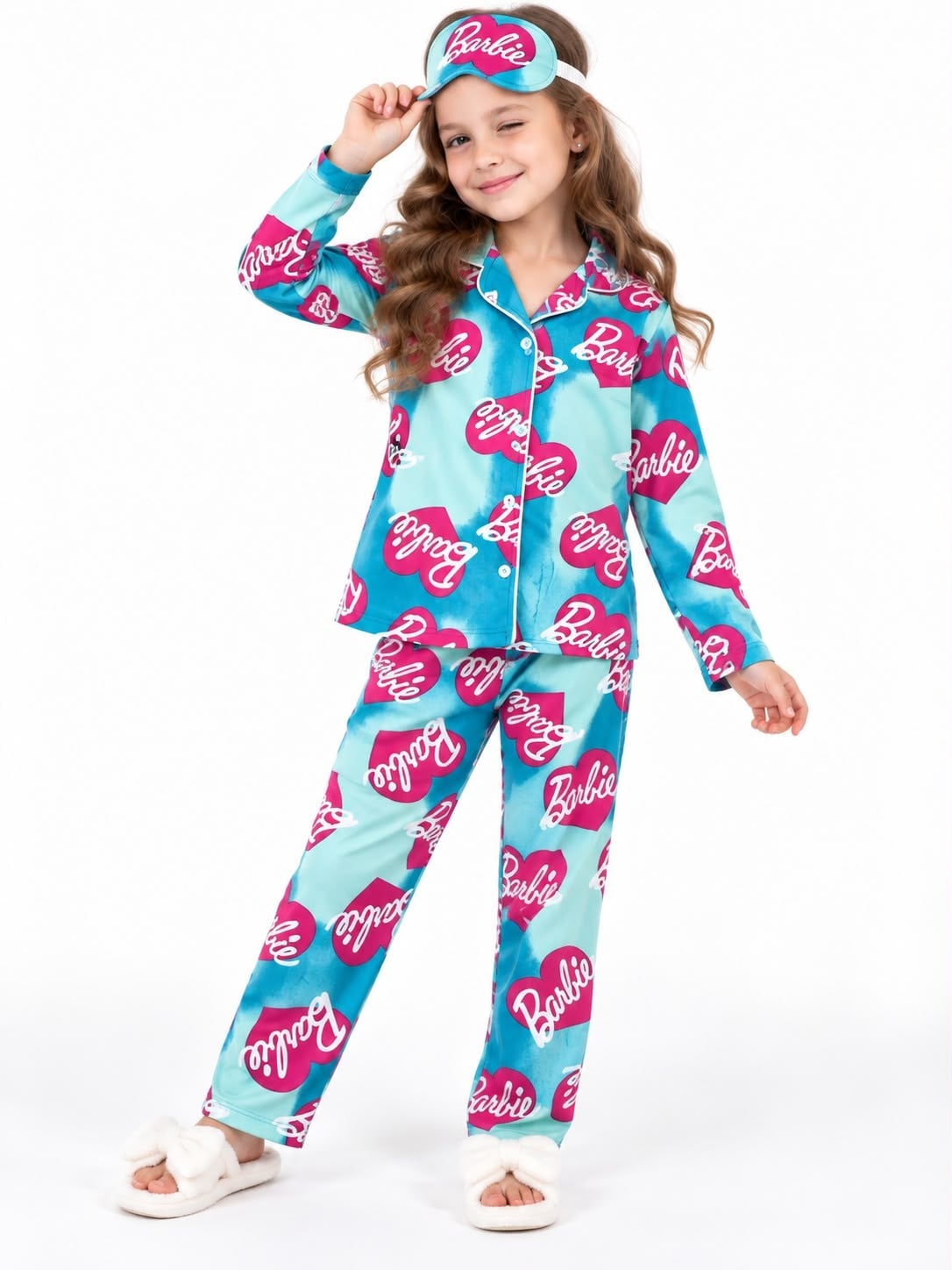 2144 - Kız Çocuk Pamuklu Göz Bantlı Pijama Takımı - Mavi-yeşil