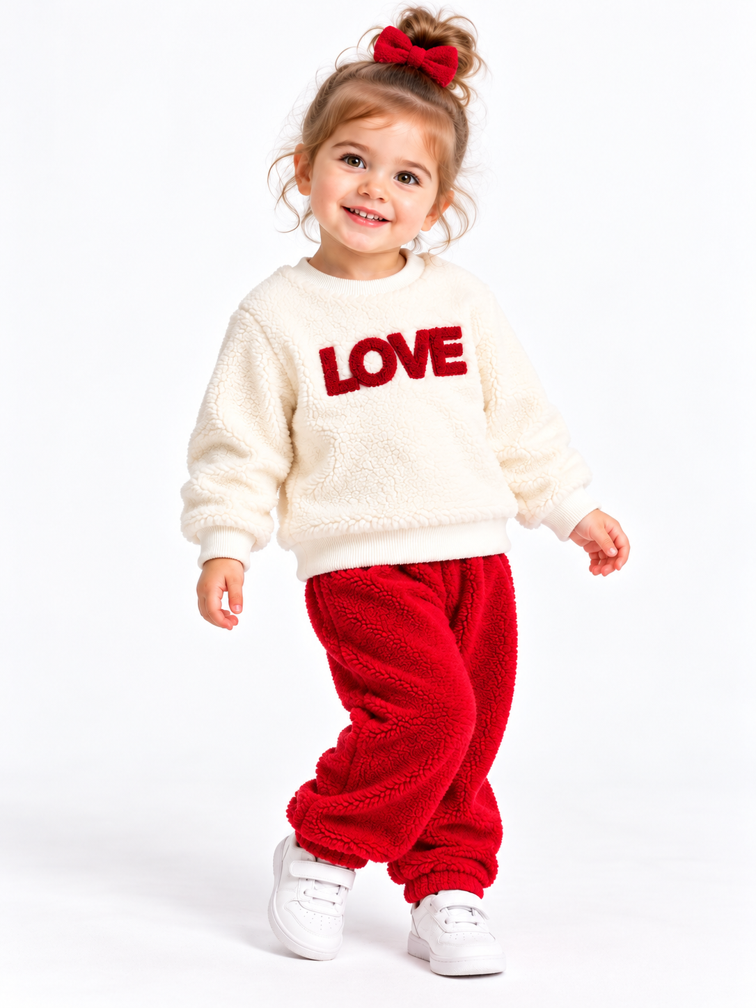 2153 - Love Baskılı Peluş Kumaş Kız Bebek Takımı - Kırmızı