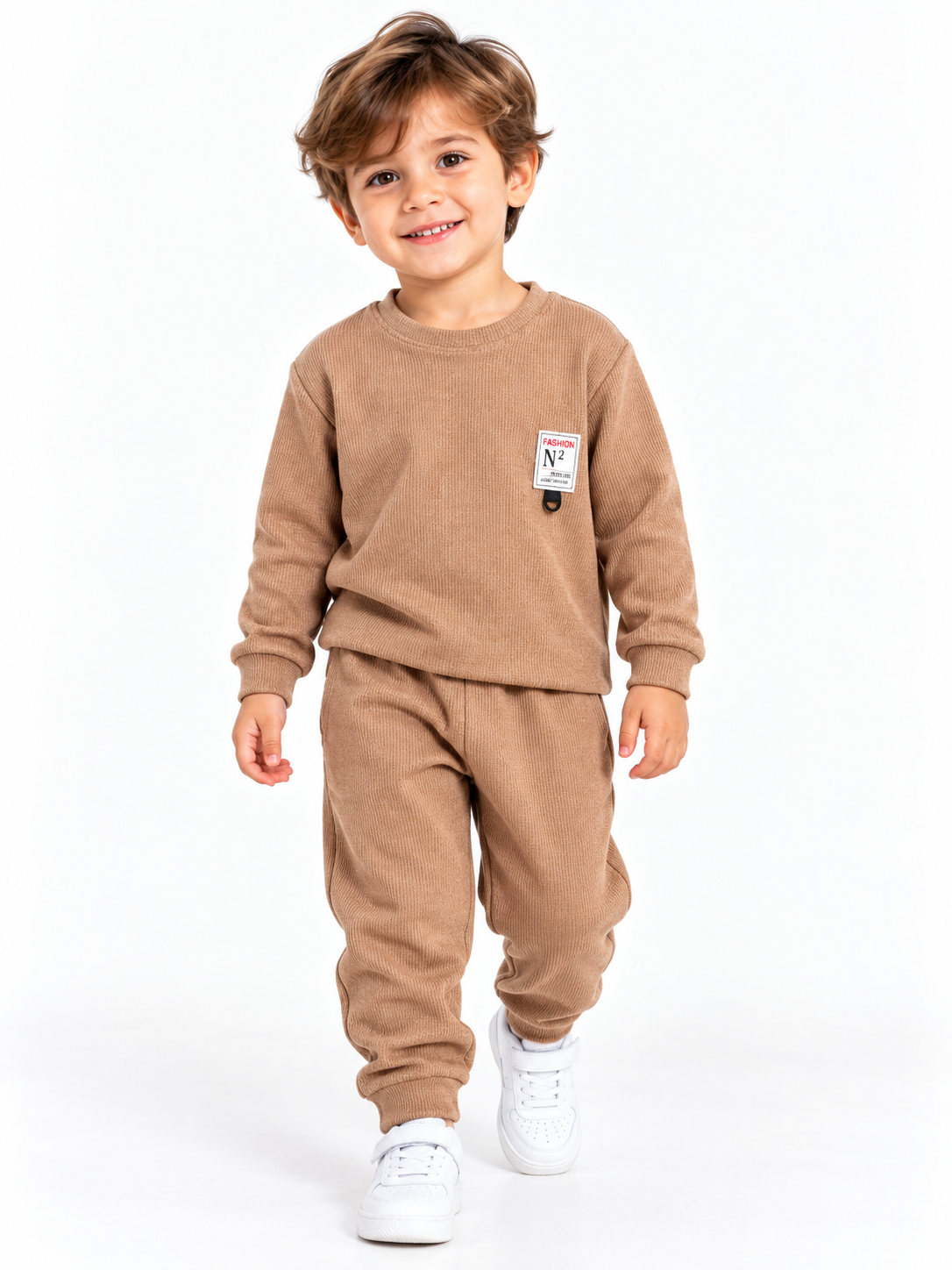 2164 - Kaşkorse Kumaş uzun Kollu Erkek Çocuk Takımı - Bej