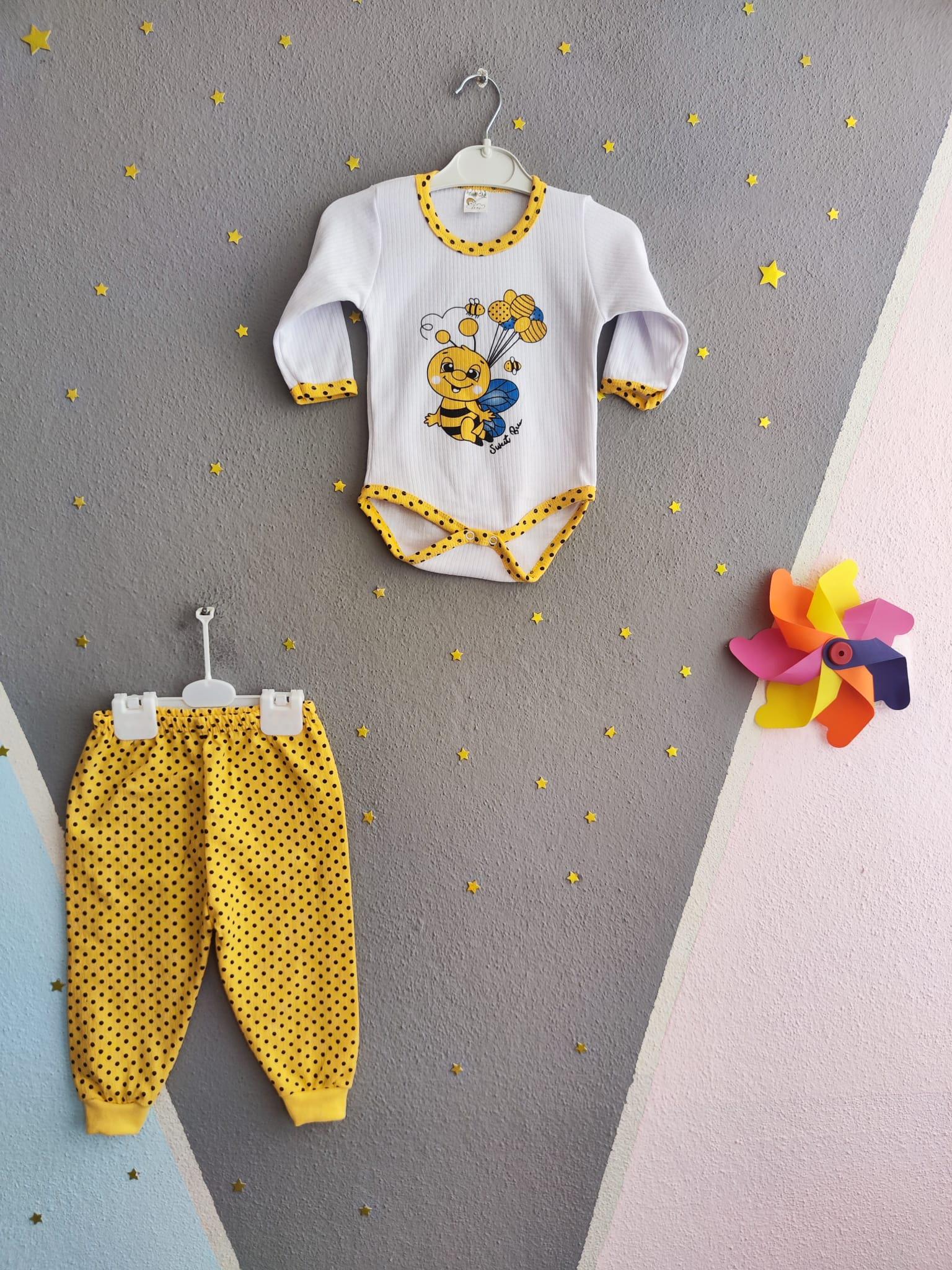 Arı Baskılı Çıtçıtlı Unisex Bebek Takım - Sarı
