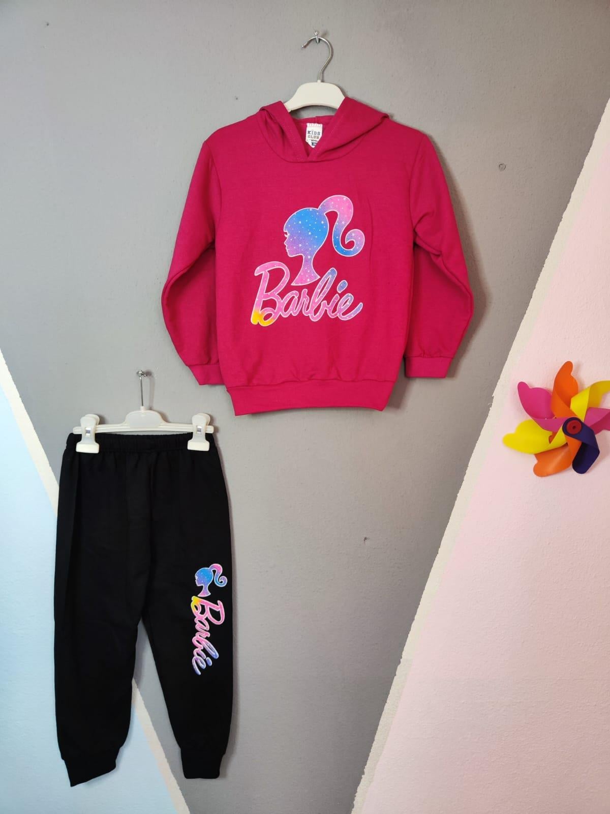Barbie Baskılı Kapüşonlu Kız Takım - Fuşya