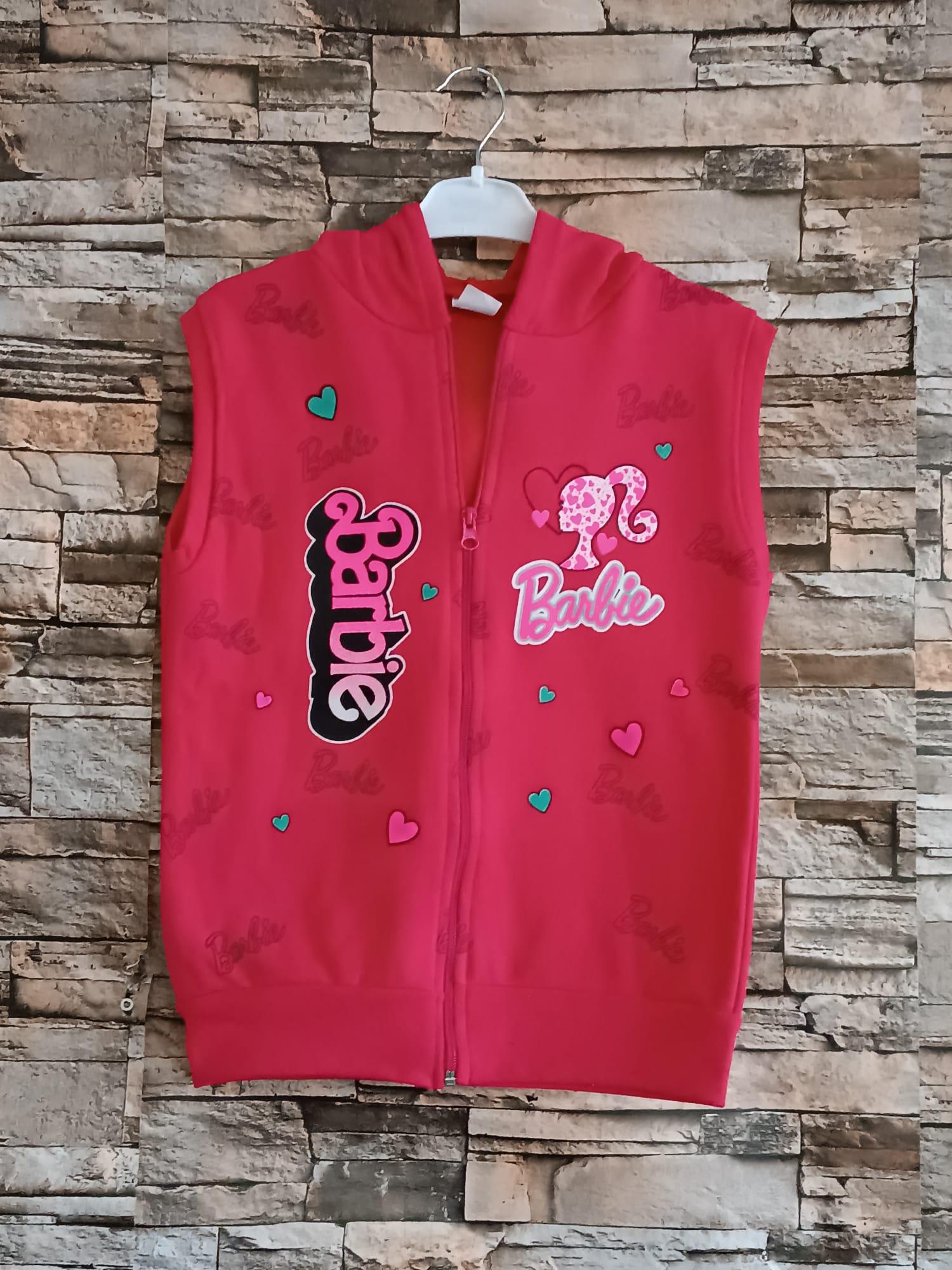 Barbie Baskılı Kapüşonlu Kız Yelek- Fuşya