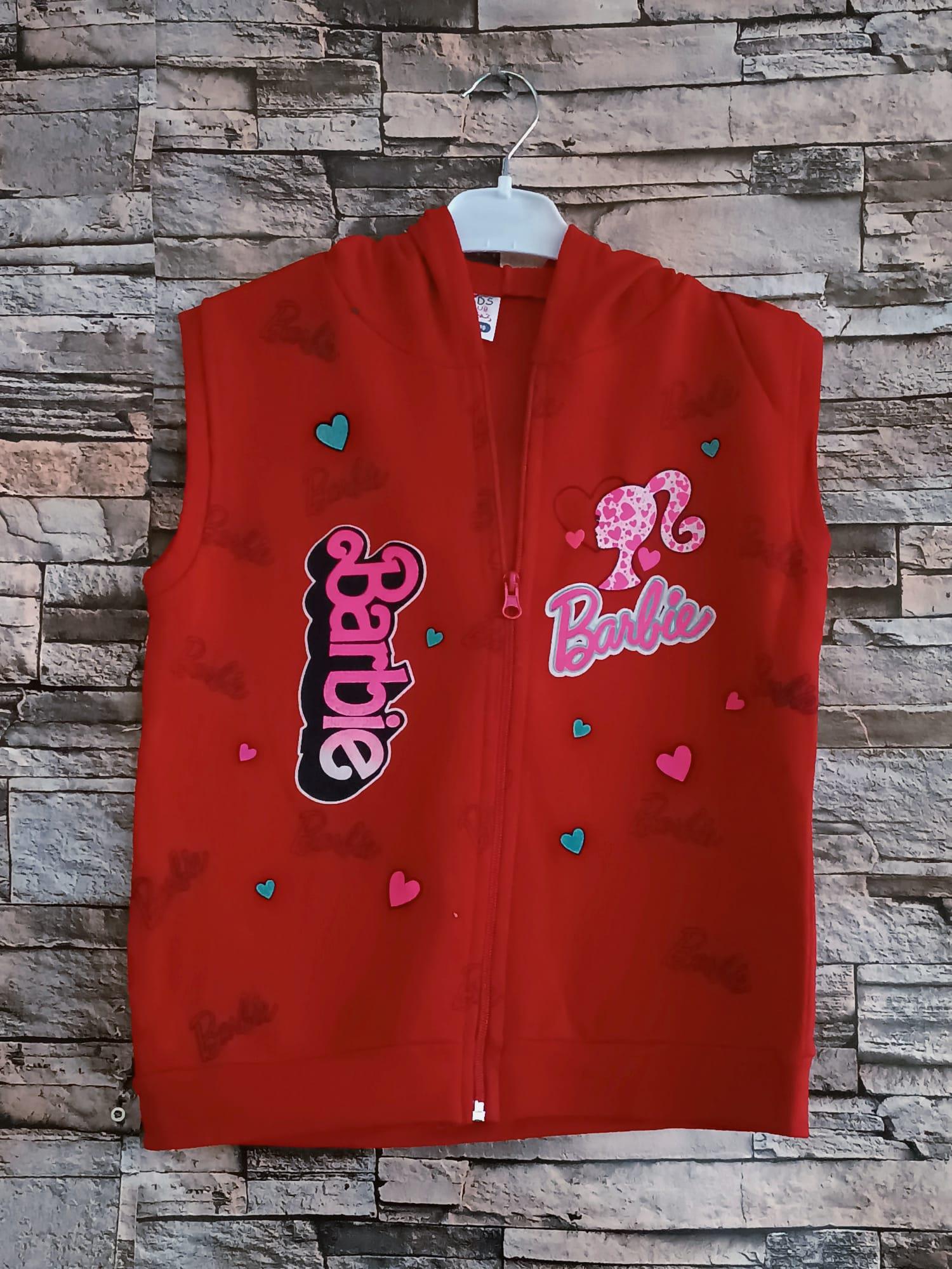 Barbie Baskılı Kapüşonlu Kız Yelek- Kırmızı