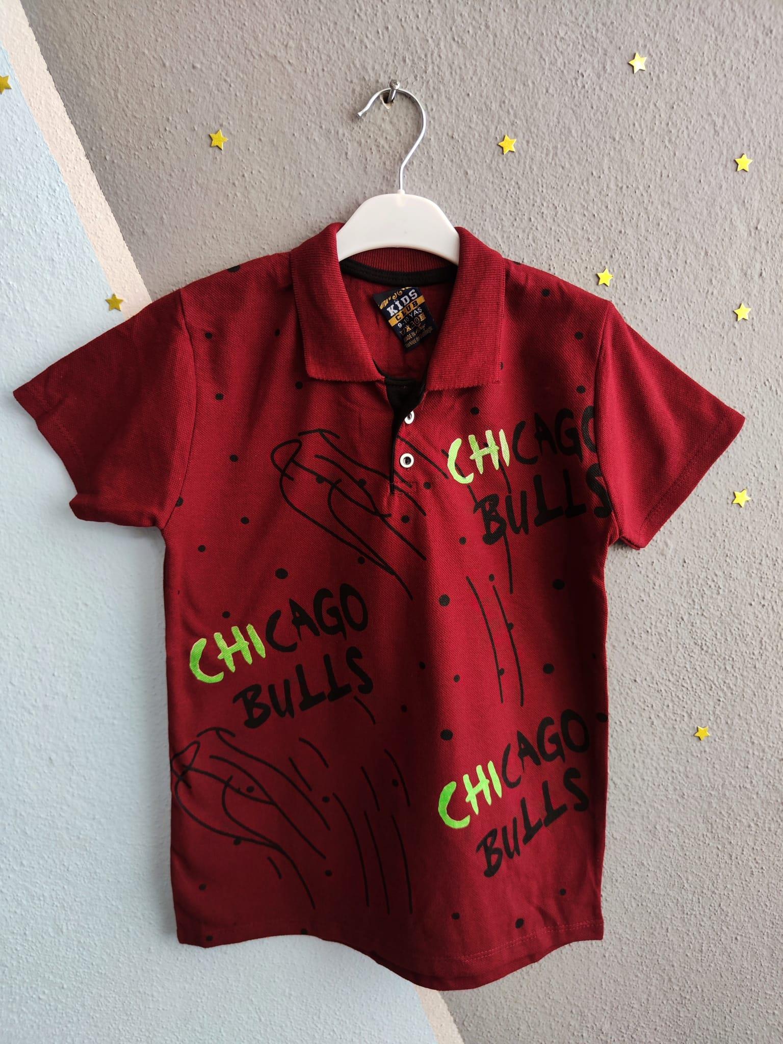 Chicago Bulls Baskılı Yakalı Erkek Çocuk Tshirt - Bordo