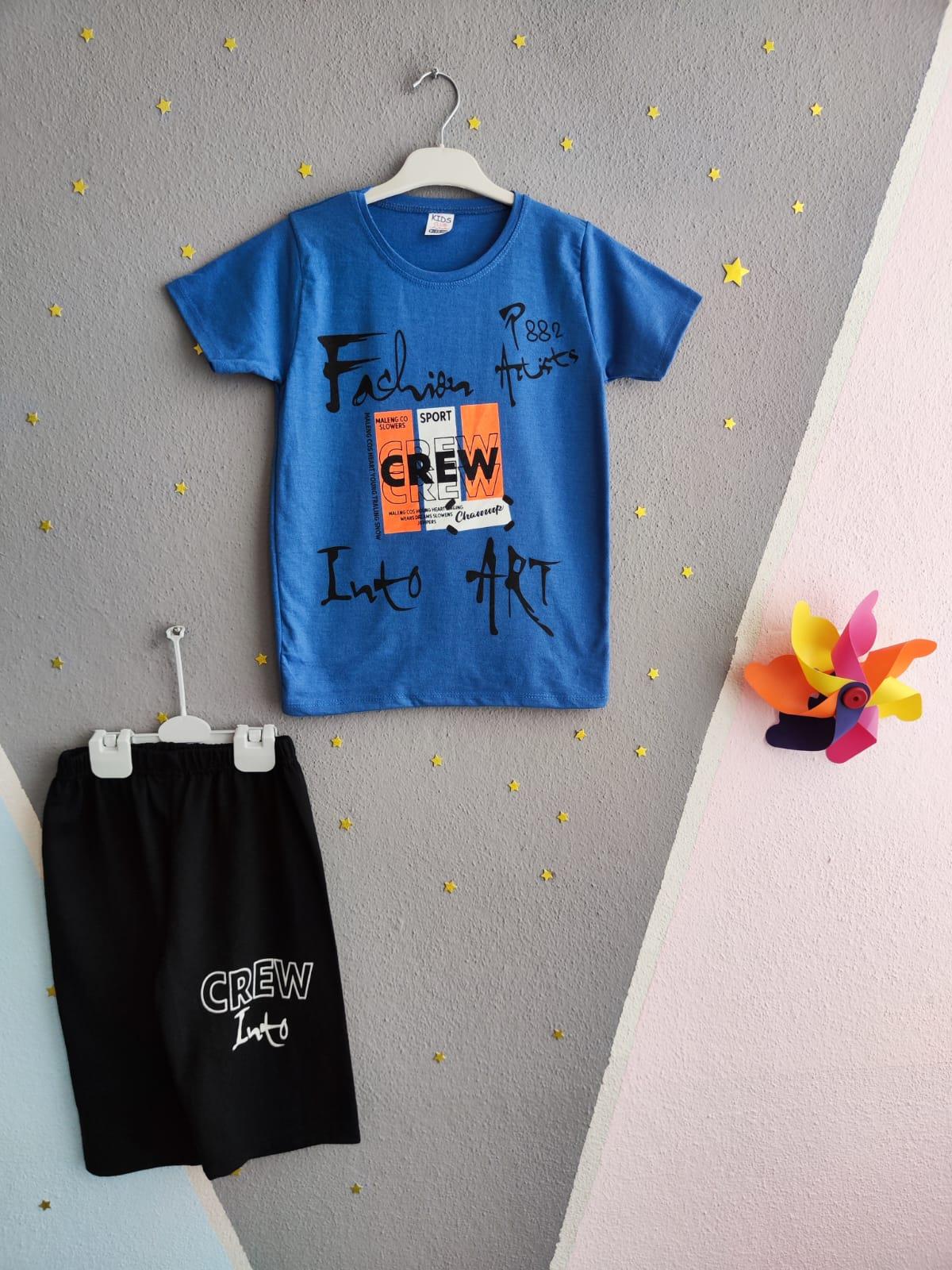 Crew Baskılı Kısa Kollu Erkek Takım - Mavi