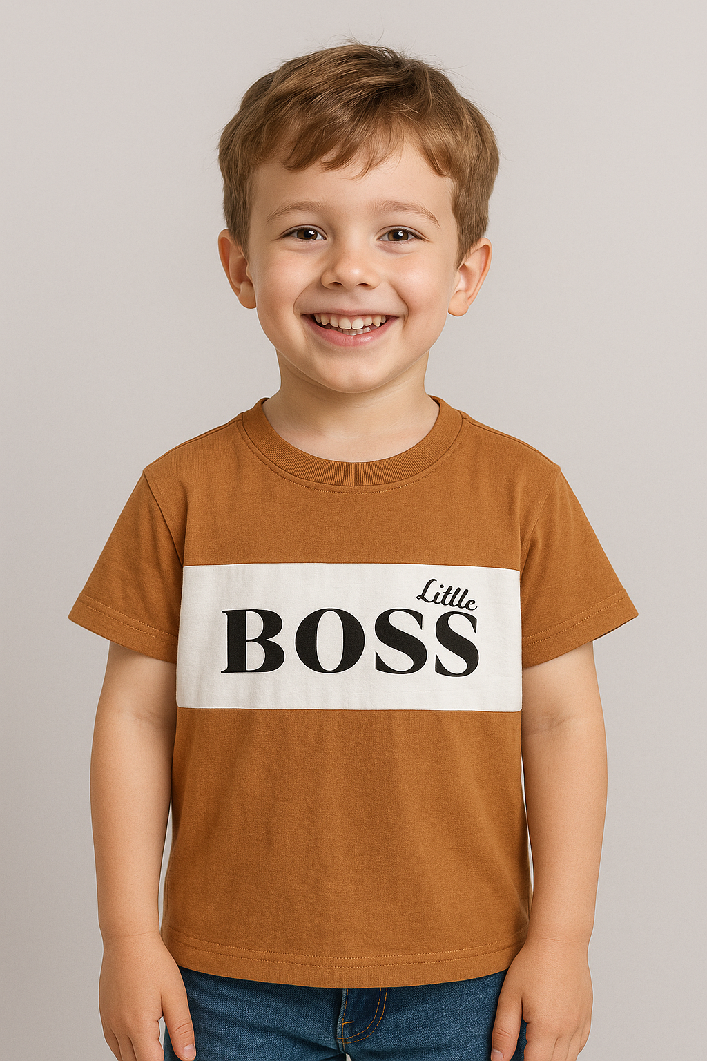Little Boss Baskılı Erkek T-Shirt - Sütlü Kahve