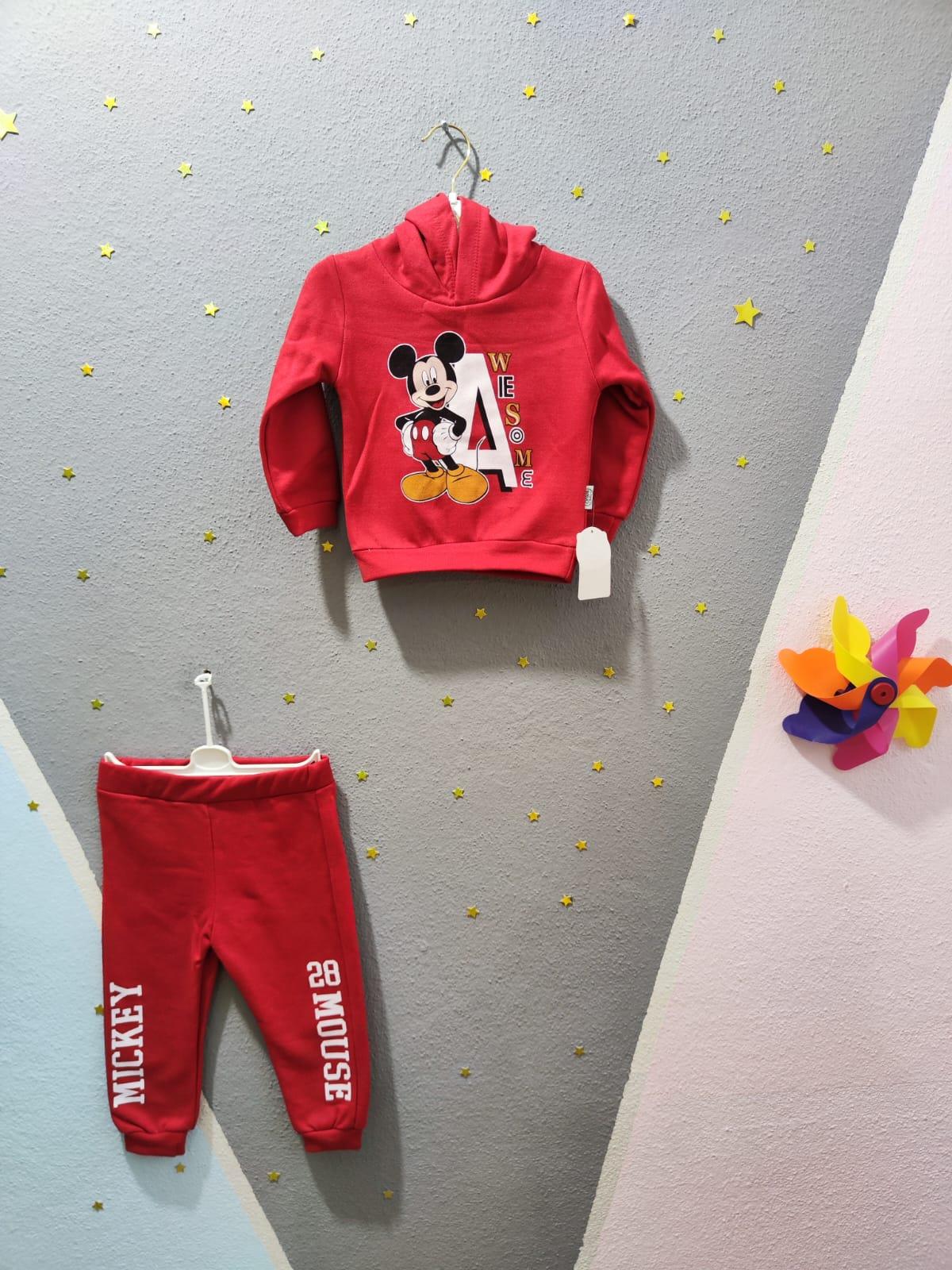 Mickey Baskılı Kapüşonlu Erkek Takım - Kırmızı